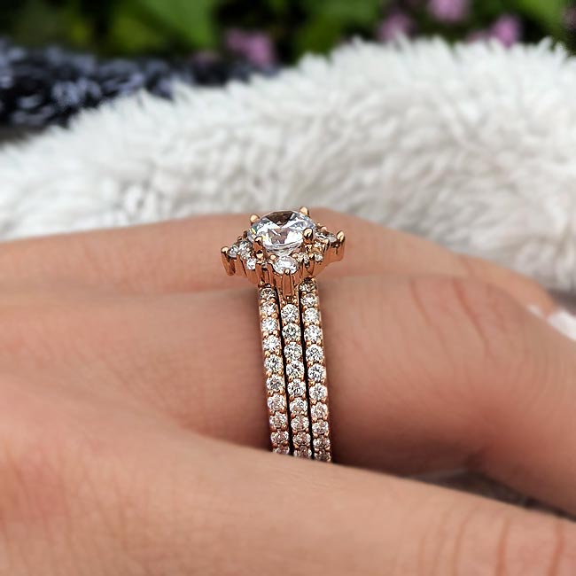 Rose Gold Classic Halo Lab Grown Diamond Bridal Set With 2 Bands Image 4