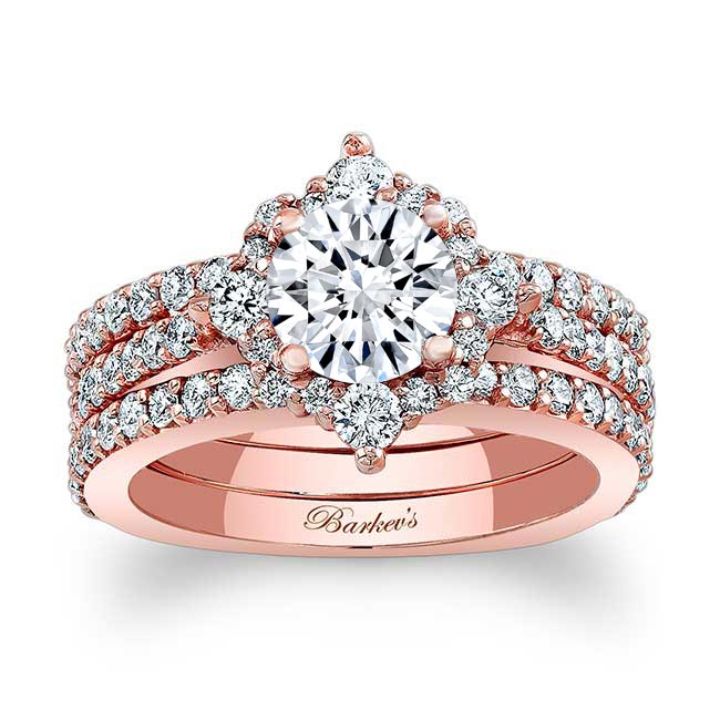 Rose Gold Classic Halo Moissanite Bridal Set With 2 Bands Image 1