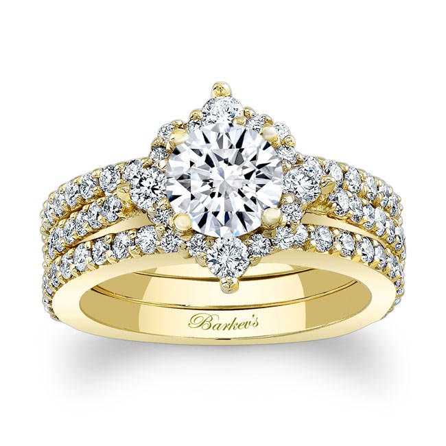  Yellow Gold Classic Halo Moissanite Bridal Set With 2 Bands Image 1