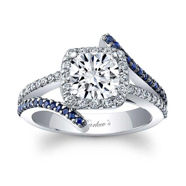 Platinum Cushion Cut Halo Blue Sapphire Accent Moissanite Ring Image 1