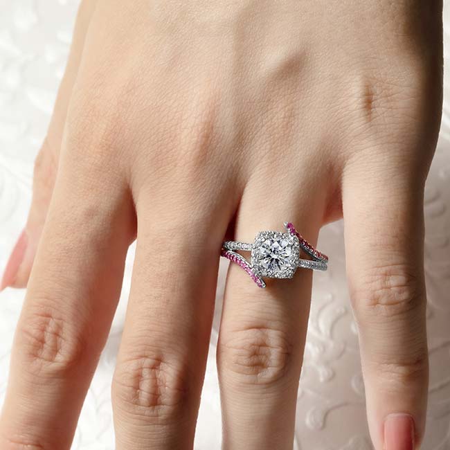  Cushion Cut Halo Pink Sapphire Accent Ring Image 3