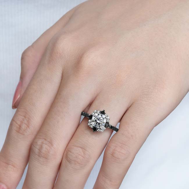 Platinum Cushion Cut Moissanite Halo Black And White Diamond Ring Image 3