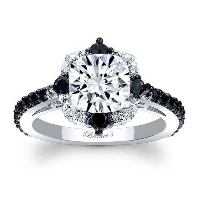 Platinum Cushion Cut Moissanite Halo Black And White Diamond Ring Image 1