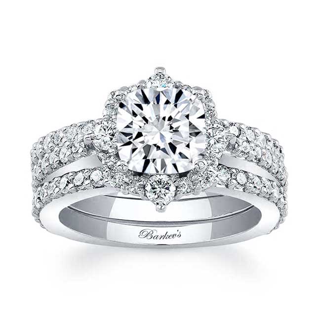  White Gold Cushion Cut Halo Moissanite Set With 2 Bands Image 1