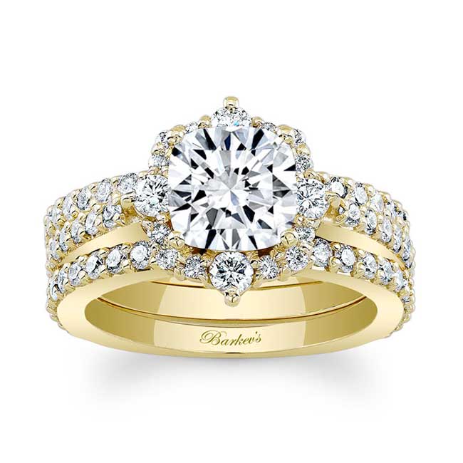  Yellow Gold Cushion Cut Halo Moissanite Set With 2 Bands Image 1