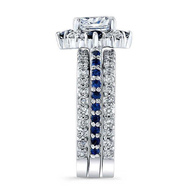  White Gold Cushion Cut Halo Sapphire Accent Set With 2 Bands Image 2