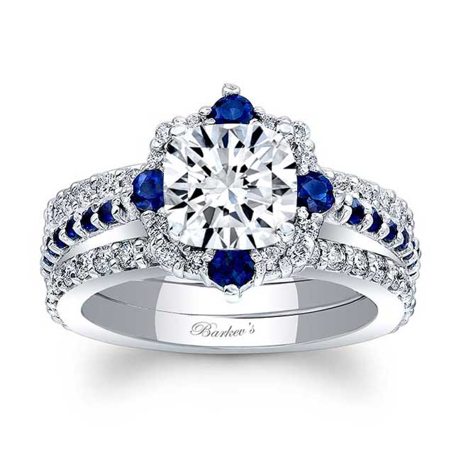  Cushion Cut Halo Sapphire Accent Moissanite Set With 2 Bands Image 4
