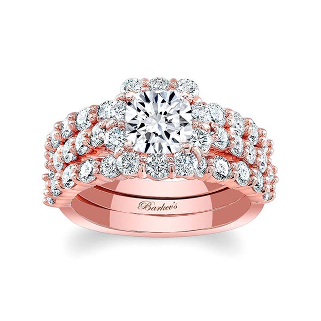 Rose Gold 1 Carat Diamond Halo Ring Set With 2 Bands