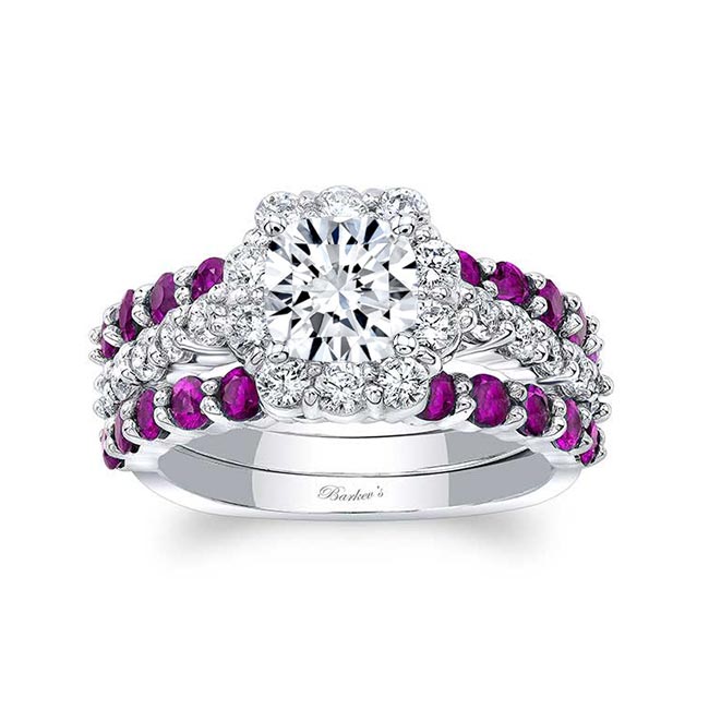 0.75 Carat Moissanite And Pink Sapphire Ring Set With 2 Bands