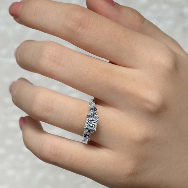 Platinum White Gold Sapphire Princess Cut Moissanite Engagement Ring Image 4