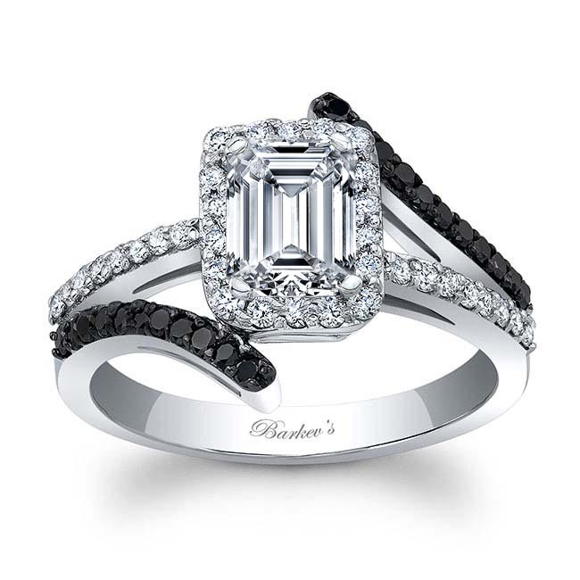 White Gold Emerald Cut Moissanite Halo Engagement Ring With Black Diamonds