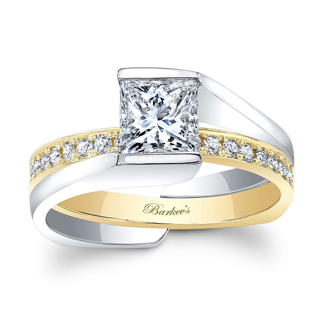 White Yellow Gold Interlocking Princess Cut Lab Grown Diamond Ring Set