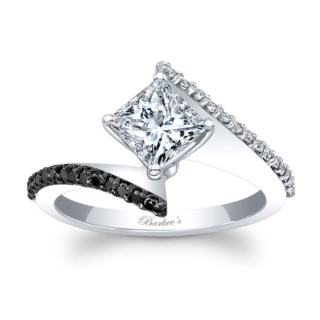  White Gold Black Diamond Accent Princess Cut Moissanite Bypass Ring Image 1