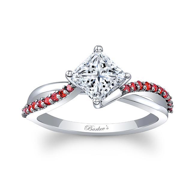 White Gold Ruby Accent Princess Cut Moissanite Twist Ring