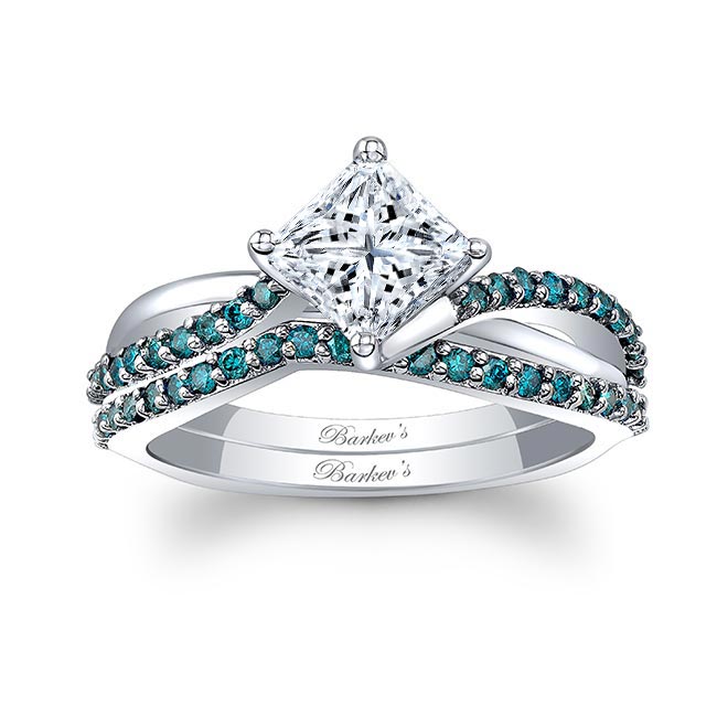  White Gold Princess Cut Blue Diamond Accent Twist Bridal Set Image 1
