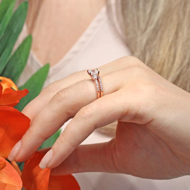Rose Gold Lab Grown Diamond 3 Stone Princess Cut Wedding Set Image 6