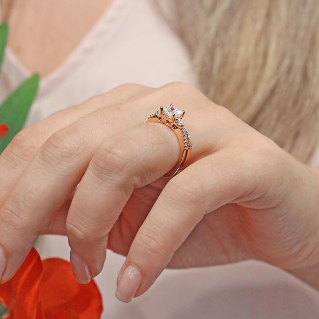 Rose Gold Lab Grown Diamond 3 Stone Princess Cut Wedding Set Image 7