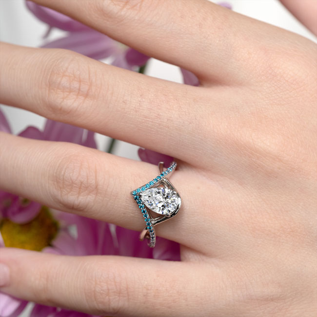 Platinum Unique Pear Shaped Moissanite Blue Diamond Accent Ring Image 3