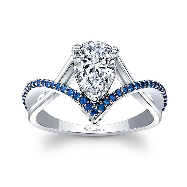White Gold Unique Pear Shaped Moissanite Blue Sapphire Accent Ring