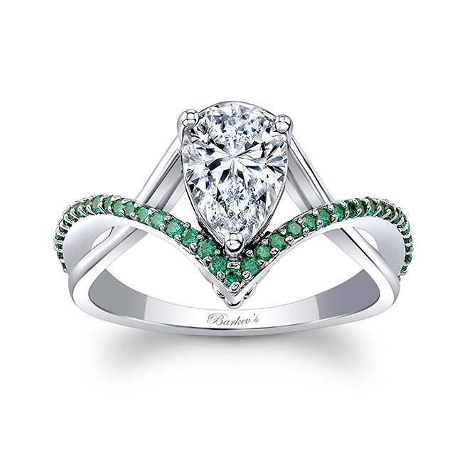 White Gold Unique Pear Shaped Lab Diamond Ring With Emerald Accents