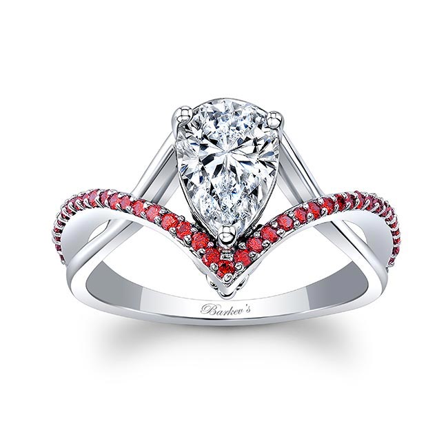 White Gold Unique Pear Shaped Lab Diamond Ring With Ruby Accents