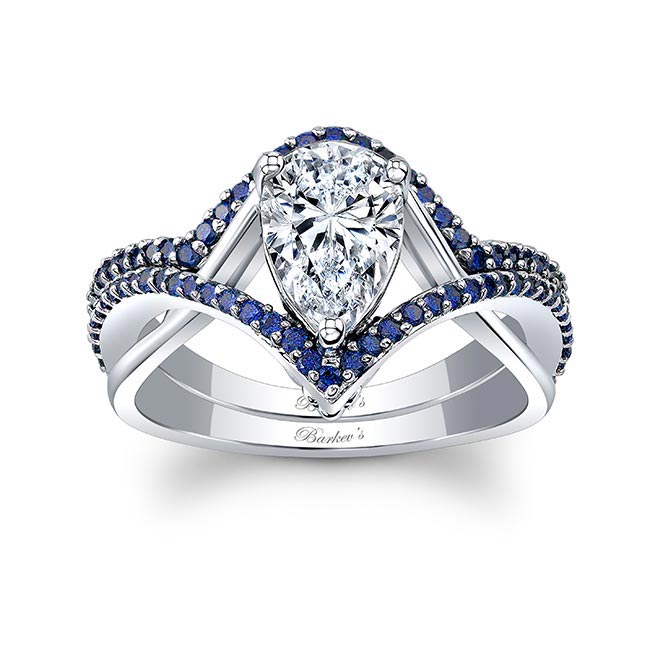 White Gold Unique Pear Shaped Lab Diamond Wedding Set With Blue Sapphires