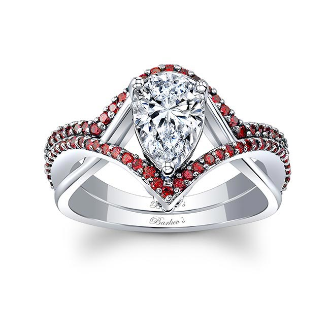 White Gold Unique Pear Shaped Lab Diamond Wedding Set With Rubies