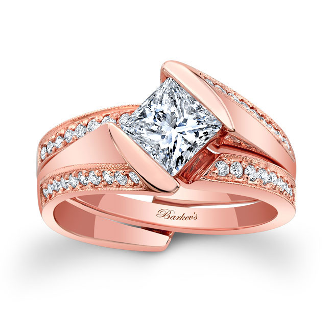  Rose Gold Interlocking Princess Cut Diamond Bridal Set Image 1