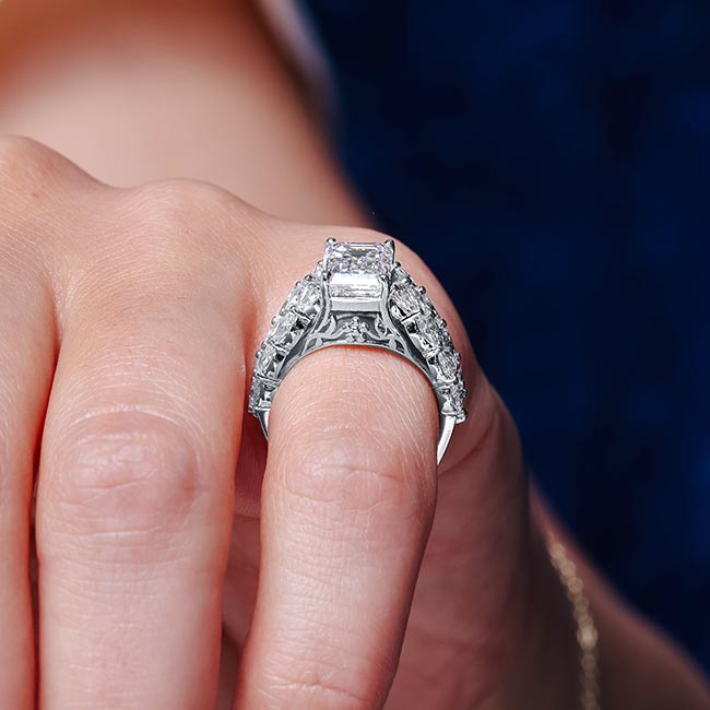 Three Row Diamond Emerald Cut Moissanite Ring Image 6