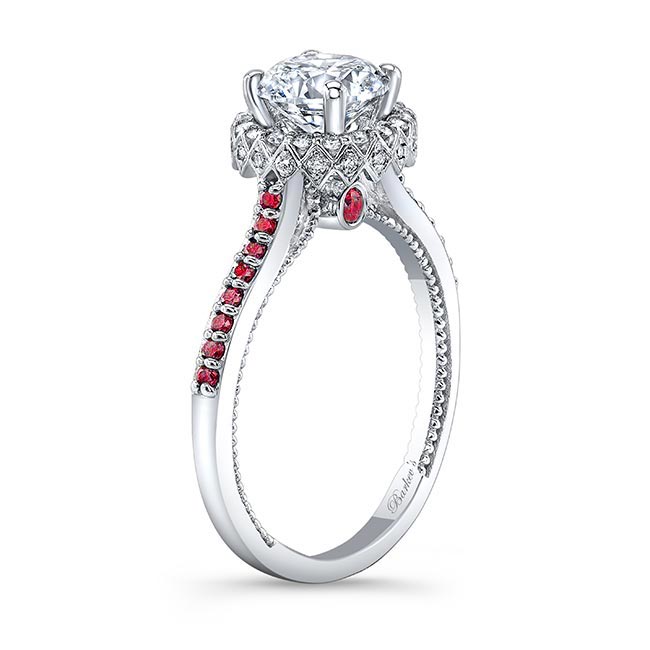 White Gold Round Halo Lab Diamond Ring With Ruby Accents Image 2
