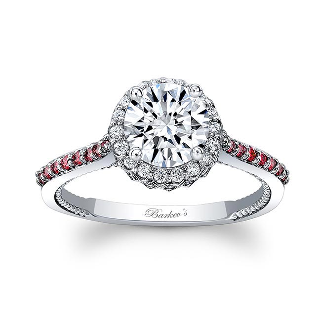White Gold Round Halo Lab Diamond Ring With Ruby Accents