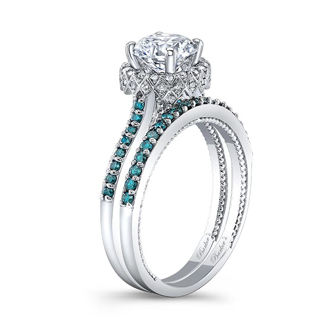  Round Halo Blue Diamond Accent Wedding Set Image 2