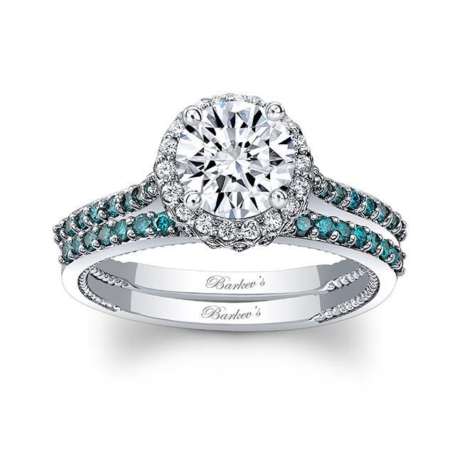  Round Halo Blue Diamond Accent Wedding Set Image 1