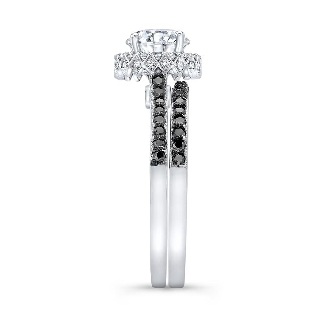 Platinum Round Halo Moissanite Black Diamond Accent Wedding Set Image 3