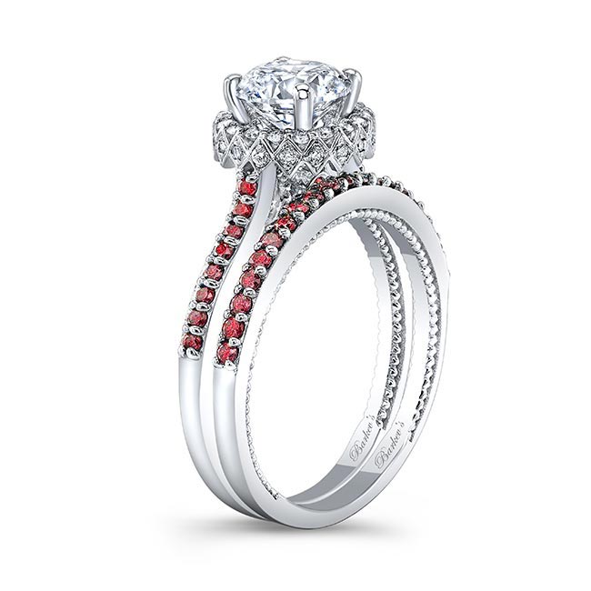White Gold Round Halo Lab Diamond Wedding Set With Ruby Accents Image 2