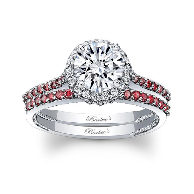 White Gold Round Halo Lab Diamond Wedding Set With Ruby Accents