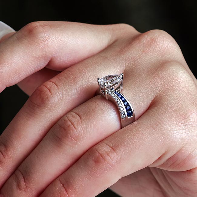 Platinum Blue Sapphire Accent Pear Shaped Lab Diamond Ring Image 5