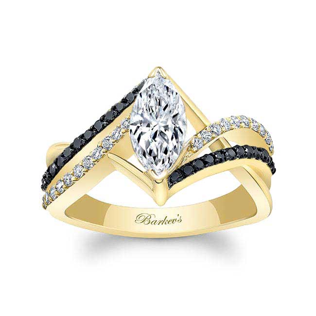 Yellow Gold Black Diamond Accent Marquise Moissanite Ring