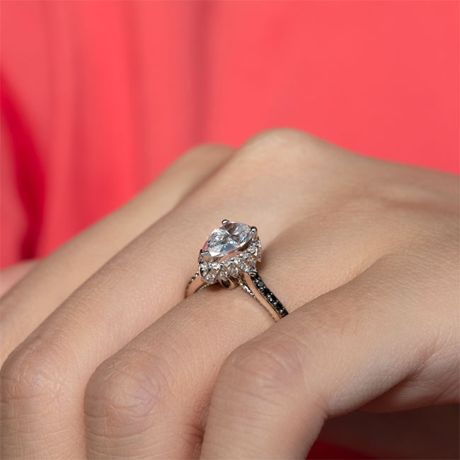  White Gold Eva Pear Shaped Lab Diamond Halo Ring With Black Diamond Accents Image 5