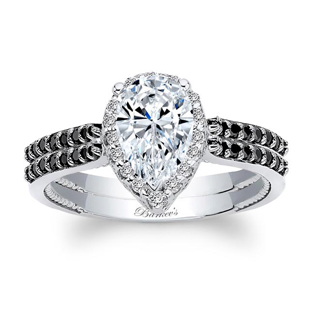 Platinum Eva Pear Shaped Moissanite Black Diamond Accent Halo Ring Set Image 1