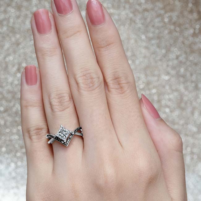  White Gold Unique Princess Cut Black Diamond Accent Ring Image 4