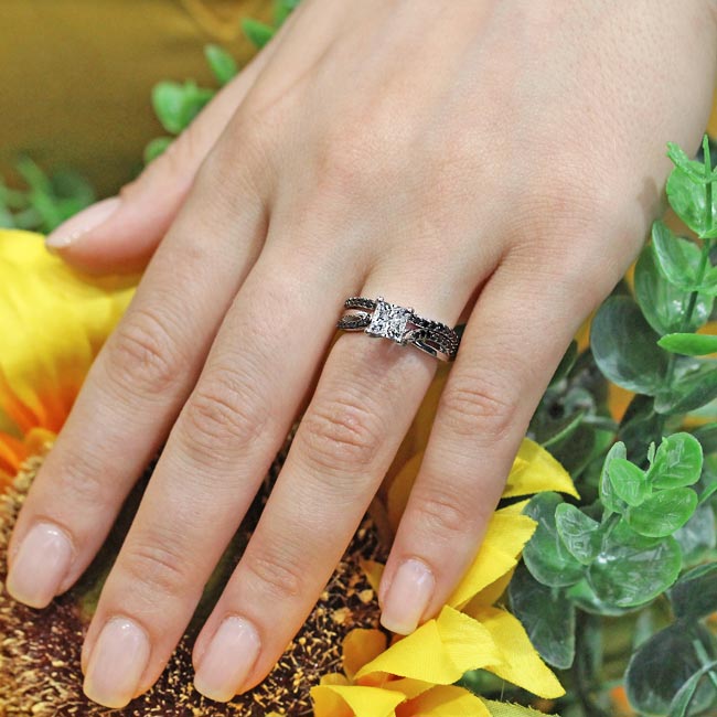  Princess Cut Moissanite Black Diamond Accent Ring Set Image 4