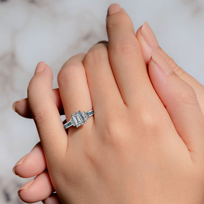  White Gold Emerald Cut Blue Diamond Accent Ring Image 3