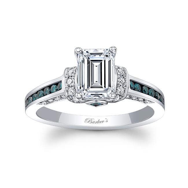  White Gold Emerald Cut Blue Diamond Accent Ring Image 1