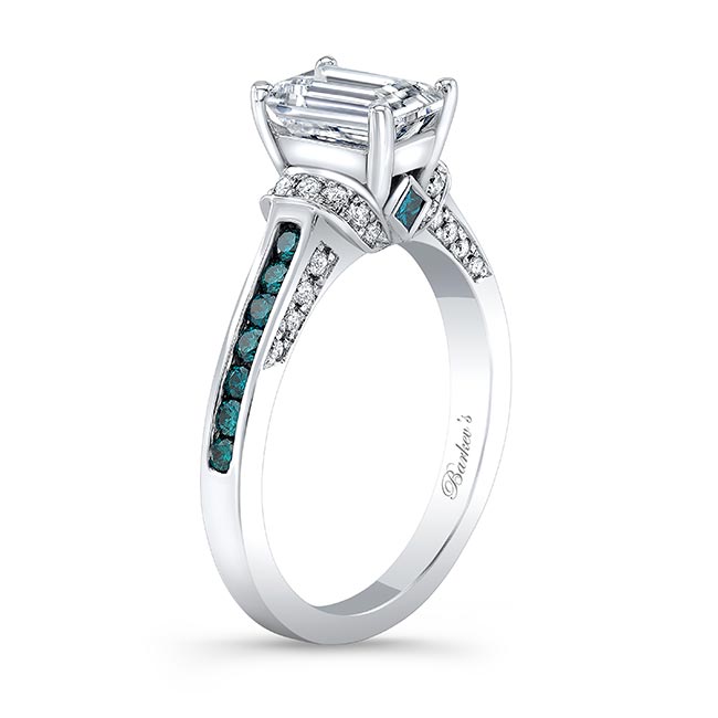 White Gold Radiant Cut Lab Diamond Ring With Blue Diamond Accents Image 2