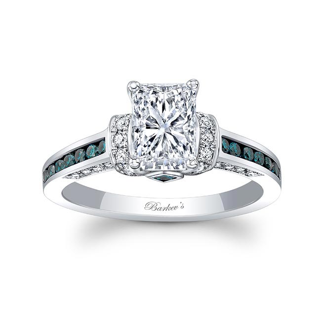 White Gold Radiant Cut Lab Diamond Ring With Blue Diamond Accents