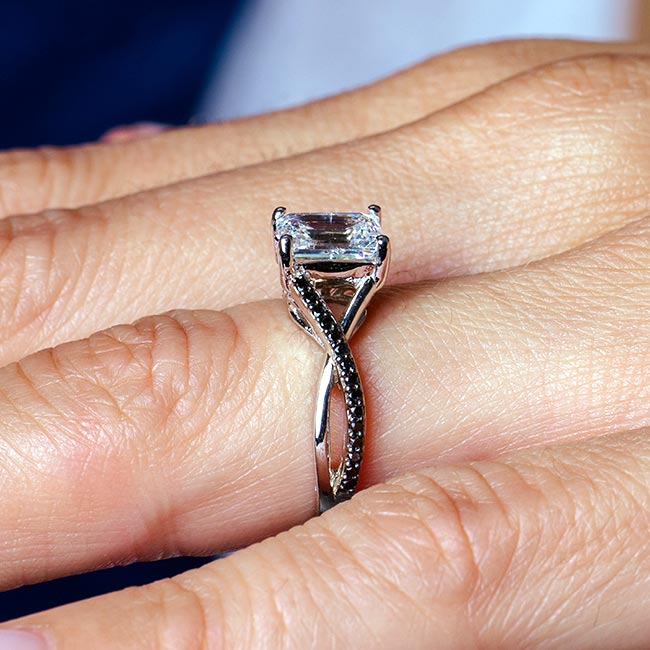 Platinum 2 Carat Emerald Cut Lab Diamond Ring With Black Diamonds Image 5