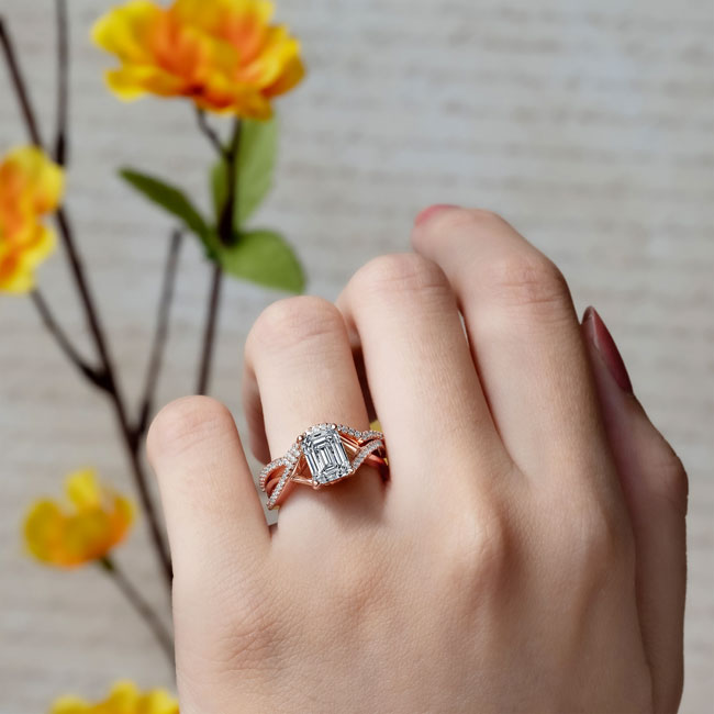  Rose Gold 2 Carat Emerald Cut Diamond Ring Set Image 4