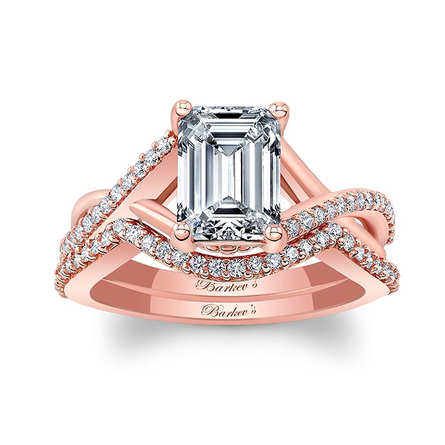  Rose Gold 2 Carat Emerald Cut Diamond Ring Set Image 1