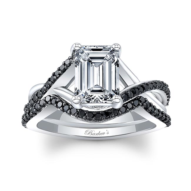 White Gold 2 Carat Emerald Cut Lab Diamond Ring Set With Black Diamonds Image 1